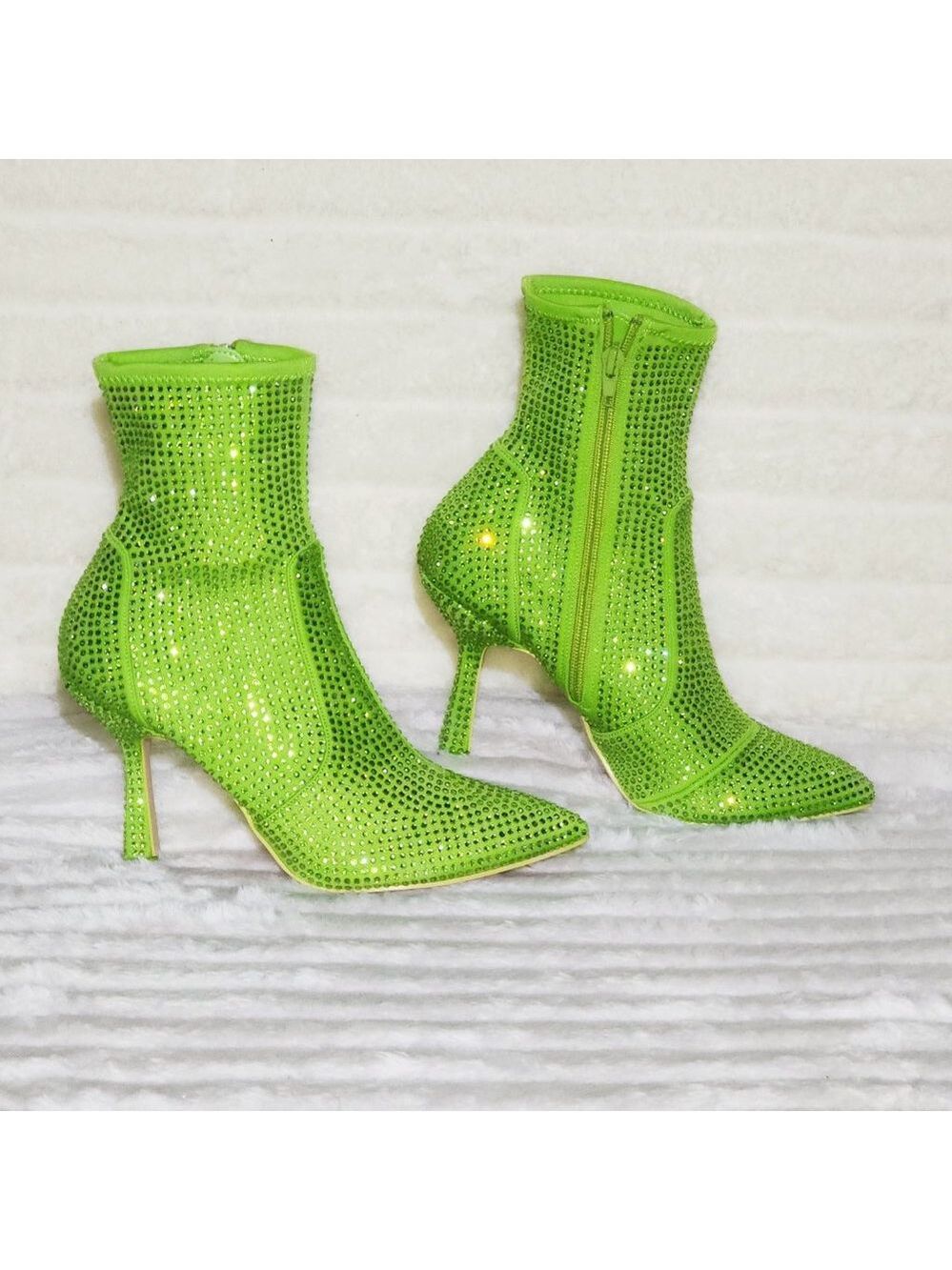 Stunning Bright Green Stretch Rhinestone Ankle Boots 3.5" Kitten Heels